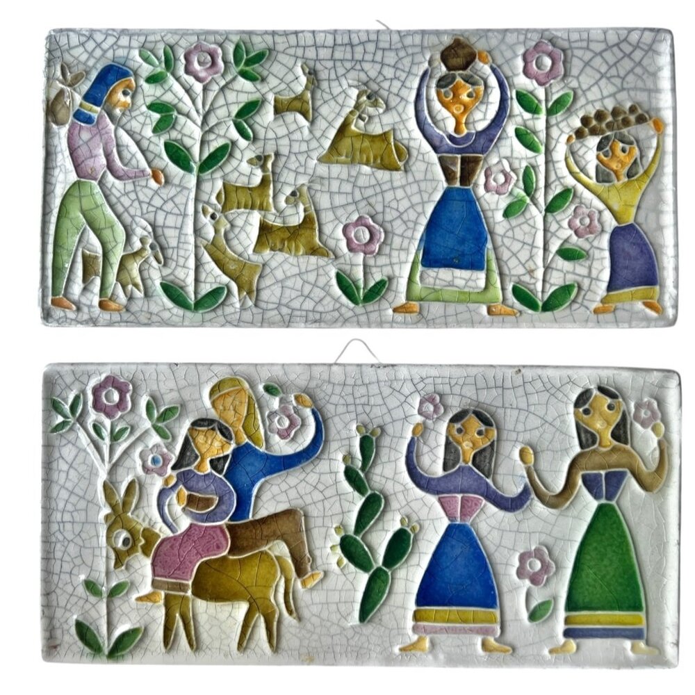 Signed Hand painted Ceramic Wall Tiles Set Of 2 By Creationi Luciano Italy